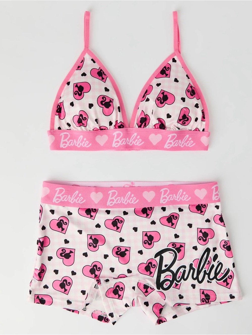 Barbie Pink & Black Heart-Print Bralette and Boxer Shorts Set
